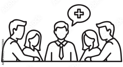 Business team discussing ideas with a medical or healthcare concept represented by a plus sign in a speech bubble during a meeting.