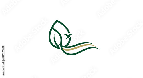 Stylized green leaf logo with flowing design elements.