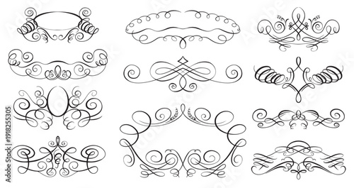 Calligraphy banners for text, dividers and flourish elements. Decorative traditional swirls in vintage style for girt cards wedding invitation and templates.