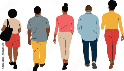 Rear view diverse people walking together, casual men and women crowd, urban lifestyle characters illustration isolated on background