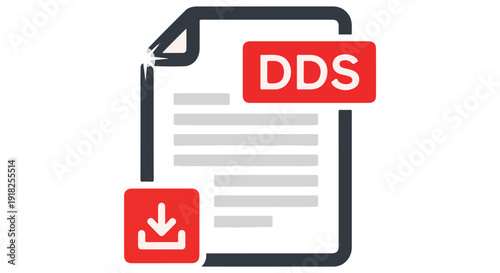 Vector illustration of a DDS document file icon with a red download button and Transparent Background, representing digital data storage.