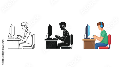Gamer or person working computer with headphones, side view, set of three icons outline, silhouette and color illustration