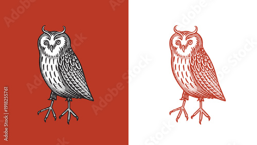 Heraldic long eared owl or eagle owl for coat of arms design and shield. Hand drawn engraving in old traditional medieval style, modern made element for family symbols and templates