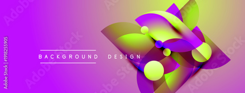 Abstract vibrant design features overlapping colorful circles, shapes. Purple gradient background enhances visual impact. Modern aesthetic.