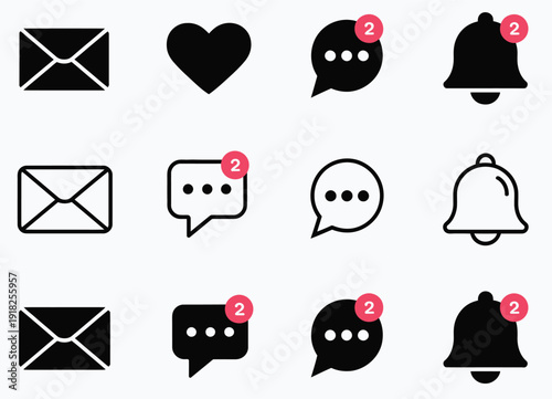 Notification bell icon set, including new email message, alarm alert, and reminder icons, with love, like, and chat message speech bubble symbols, vector