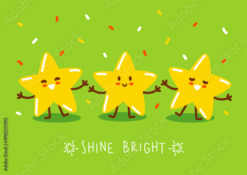 Cute сartoon shiny twinkle stars on green background - funny characters for Your kawaii happy kids design