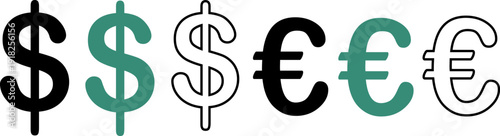 Set of dollar and euro currency symbols vector icons in black, green and outline styles for finance, banking, investment and economic design