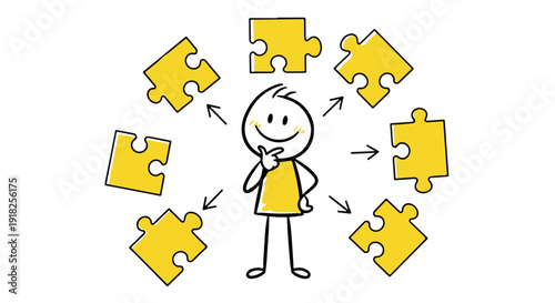 A cartoon character surrounded by puzzle pieces, symbolizing problem solving and critical thinking in a simple illustration.