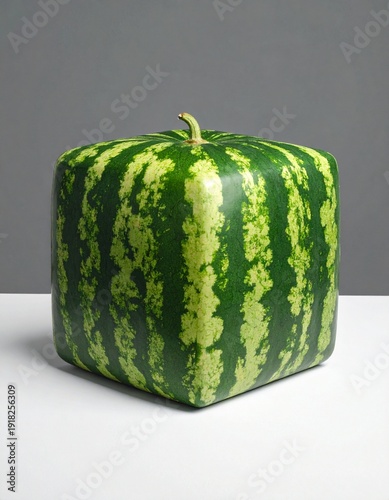 A cubical square green watermelon isolated on grey background. 