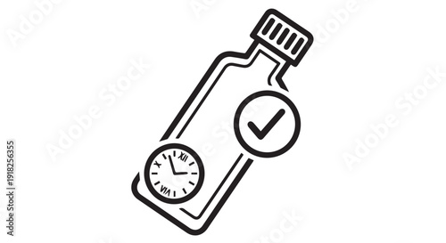 Simple black and white graphic of a medicine bottle with a clock and checkmark, symbolizing timely medication or health reminder.