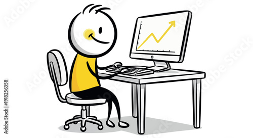 Cartoon character working on computer with rising graph on screen, symbolizing success and productivity in a modern office setting.