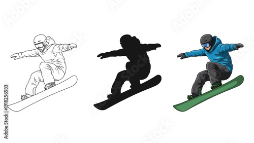 Snowboarder performing a trick in three styles line art, silhouette and full color photograph