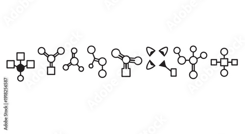 Collection of simple molecular structure icons in black on a Transparent Background, representing chemistry and science concepts.