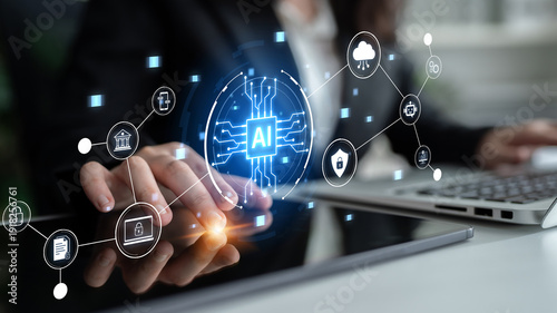 Bilde på lerret Connected AI platform links cloud services, security, finance and mobile workflows, enabling automation, data analytics and governance for modern digital business