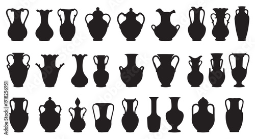 Collection of 24 antique vase silhouettes on Transparent Background, perfect for design and decoration inspiration.