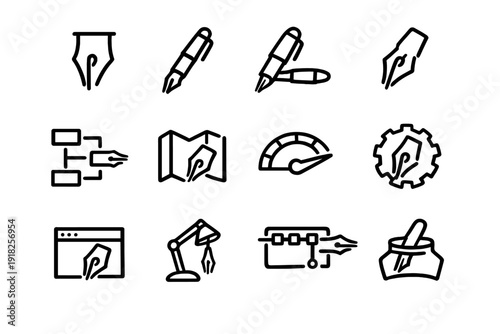 Set of creative writing and graphic design icons featuring fountain pen nibs and tools on a white background
