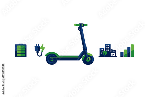 Electric scooter with battery and power plug icons for sustainable urban mobility and green transportation in the city