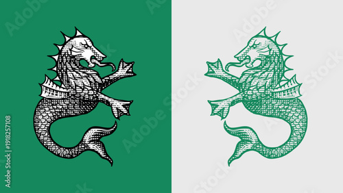Heraldic sea dragon or monster for coat of arms design and shield. Hand drawn engraving in old traditional medieval style, modern made element for family symbols and logo templates