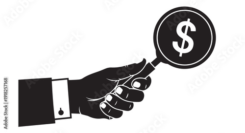A hand in a business suit holding a magnifying glass with a dollar sign, symbolizing financial examination or investment analysis.
