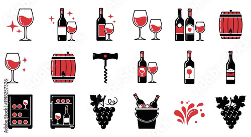 Collection of wine icons including glasses, bottles, barrels, and grapes on Transparent Background for beverage concepts.