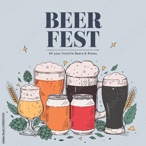 Beer Fest Celebration: Assorted Beers, Cans & Glasses - Craft Brews, Hops & Barley Illustration