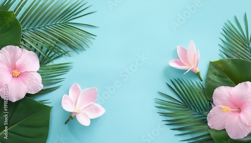 soft pastel summer pattern blending delicate pink flower and green tropical leaves on light blue background