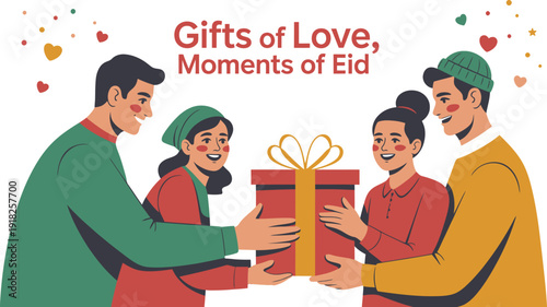 Four people exchanging a gift on Eid celebration love