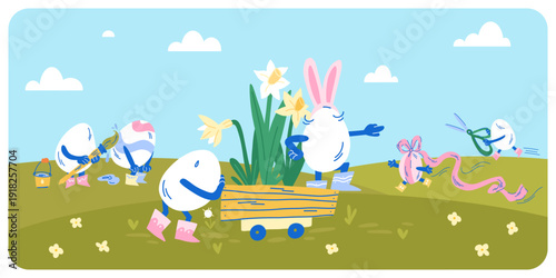 The egg characters are preparing for Easter, painting their shells, pushing a cart with daffodils, and decorating them with ribbons.