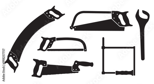 Collection of black silhouetted saws and a wrench on a Transparent Background, showcasing various carpentry tools.