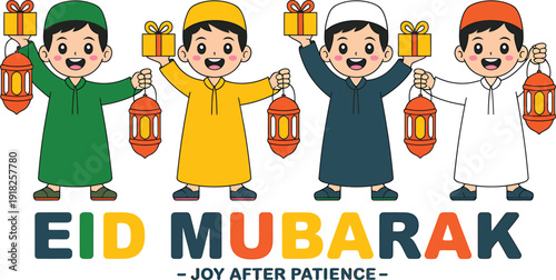Four boys in traditional eid clothing holding lanterns and gifts eid mubarak traditional clothing