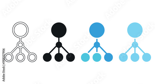 Minimalist infographic template with four variations of a hierarchical structure diagram in different colors and styles.