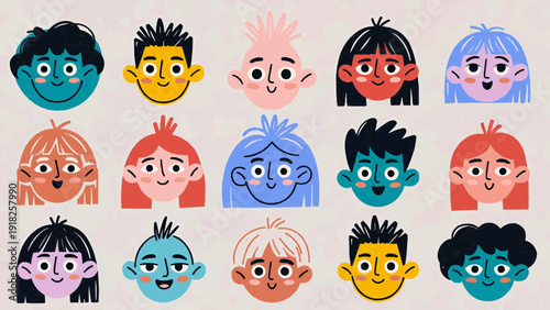 Diverse cartoon faces with various emotions displayed in a grid pattern