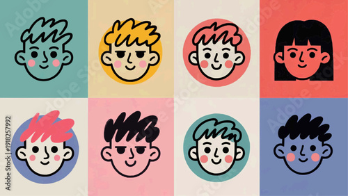 Diverse cartoon faces arranged in a grid pattern, showcasing various hairstyles and expressions, illustration, close-up view