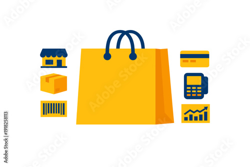 Yellow shopping bag with retail and e-commerce icons including storefront credit card and delivery box on white background