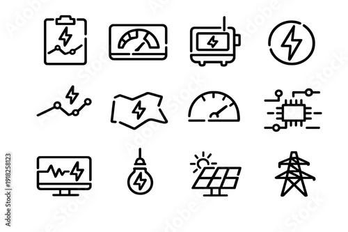 Energy and electricity power line symbols including solar panel battery light bulb power tower and electronic circuit elements