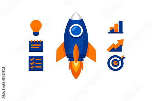 Business startup concept with blue rocket ship taking off and icons for innovation planning and growth on white background