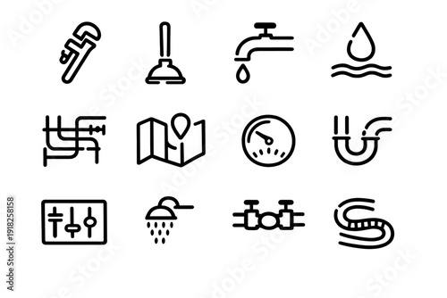 Plumbing and sanitary service line icons set featuring tools like wrench plunger faucet pipes and shower head for home maintenance