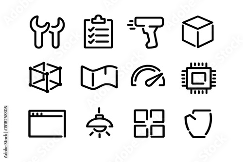 Industrial and technology line icons featuring tools hardware software and manufacturing symbols for engineering and technical design