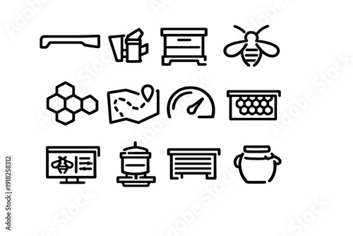 Beekeeping and honey production line icon set featuring beehive smoker honey jar bee honeycomb and apiary equipment on white background