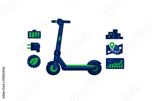 Electric kick scooter with icons for battery life charging eco friendly transport city navigation and performance data on white background
