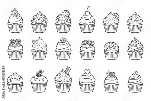Vector collection of various cupcakes and muffins with different toppings like strawberry, cherry, chocolate, cookies and cream. Hand drawn black and white outline illustrations. EPS 10