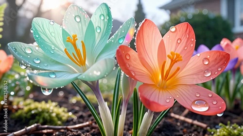 Vibrant Crocus Flowers with Dew Drops in Sunlit Spring Garden