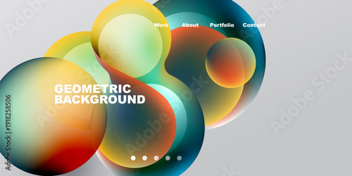 Abstract colorful shapes overlap. Gradient hues create modern design. Text labels navigation options, geometric background visible.