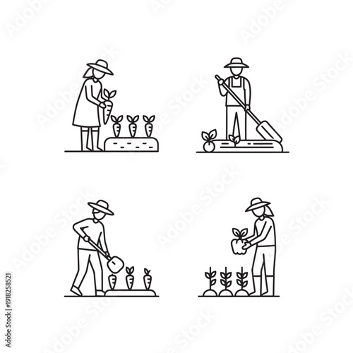 Gardening line icon collection. Includes planting, watering, digging, and nurturing garden plants. Created in minimalist line style with black and white palette