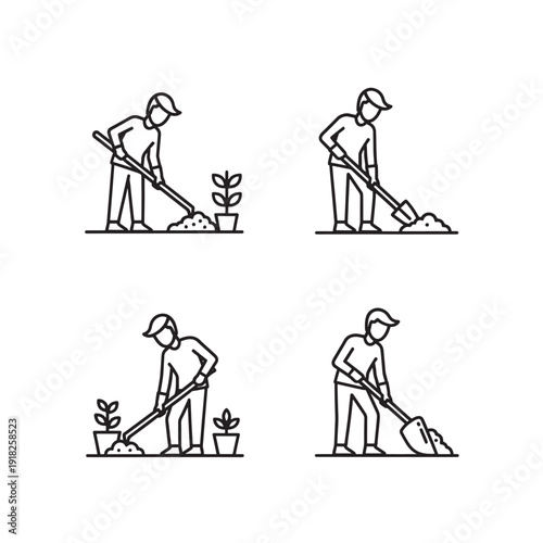 Gardening line icon set. Includes planting, digging, shoveling, and working with plants. Created in minimalist line style with black and white palette.