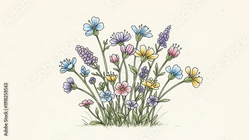 Hand Drawn Wildflower Bouquet with Pastel Spring Flowers