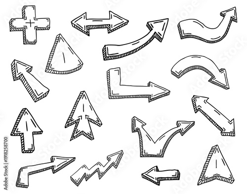 Set of black grunge doodle comic hand drawn arrows and mouse cursors isolated on white backround. Sketch grafity style ink symbols collection. Vector illustration