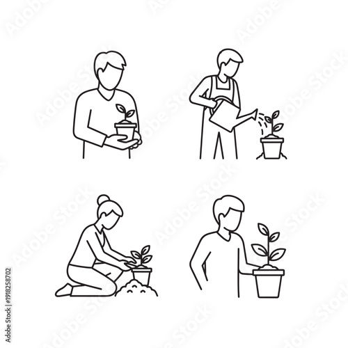 Gardening activities icon collection. Includes planting, watering, potting, and nurturing plants. Created in minimalist line style with black and white palette.