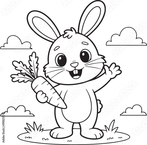 A cheerful cartoon rabbit standing on green grass, happily waving while holding a freshly picked carrot