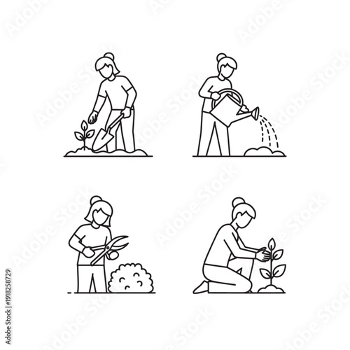 Gardening activities icon collection. Includes planting, watering, pruning, and fertilizing. Created in line style with black and white palette.